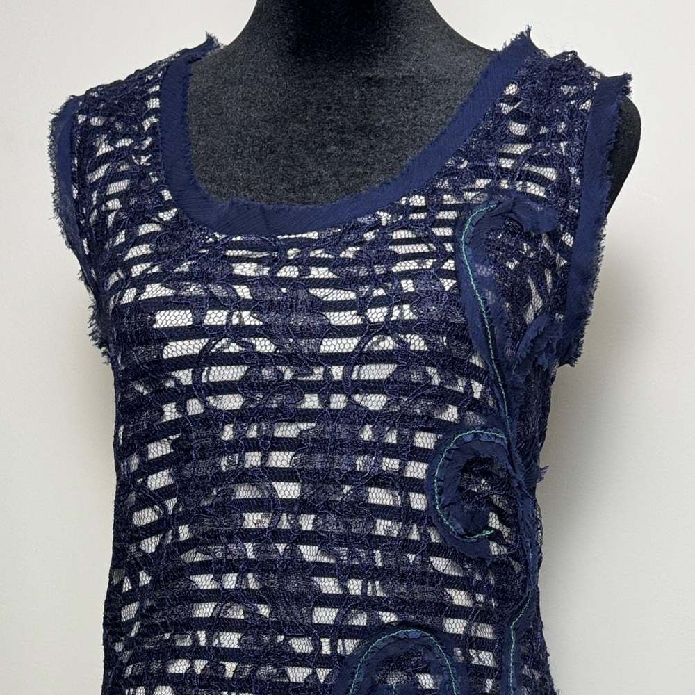 Meadow Rue by Anthropologie Striped Navy and Cream Lace Raw Hem Tank Top Size M